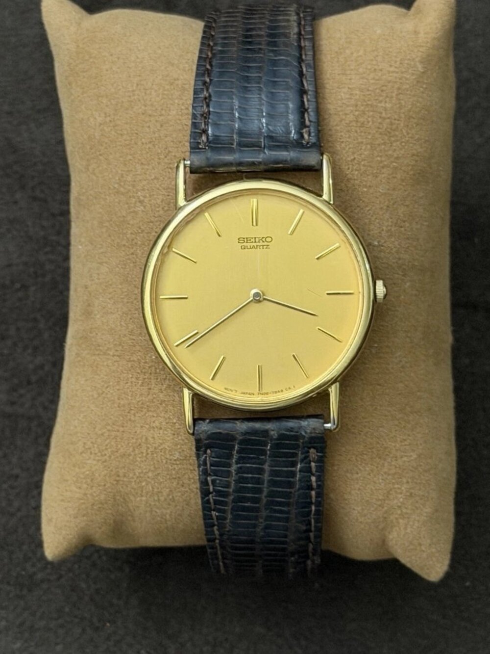 Seiko Quartz Analog Watch Gold Dial Gold Tone Case Black Leather Strap